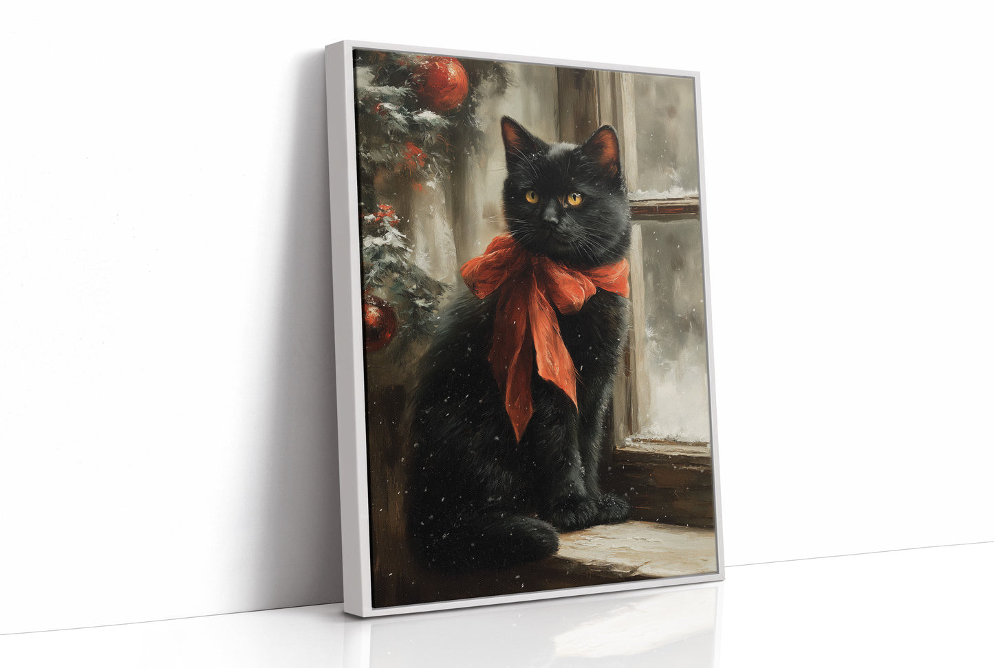 Midnight Cat Wears Holiday Ribbons