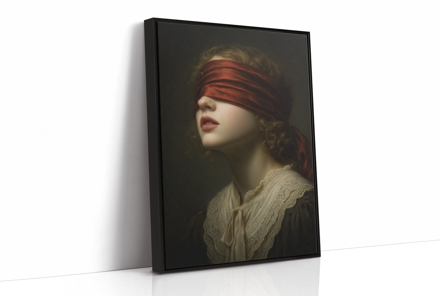 Crimson Blindfold Against Lace Collar