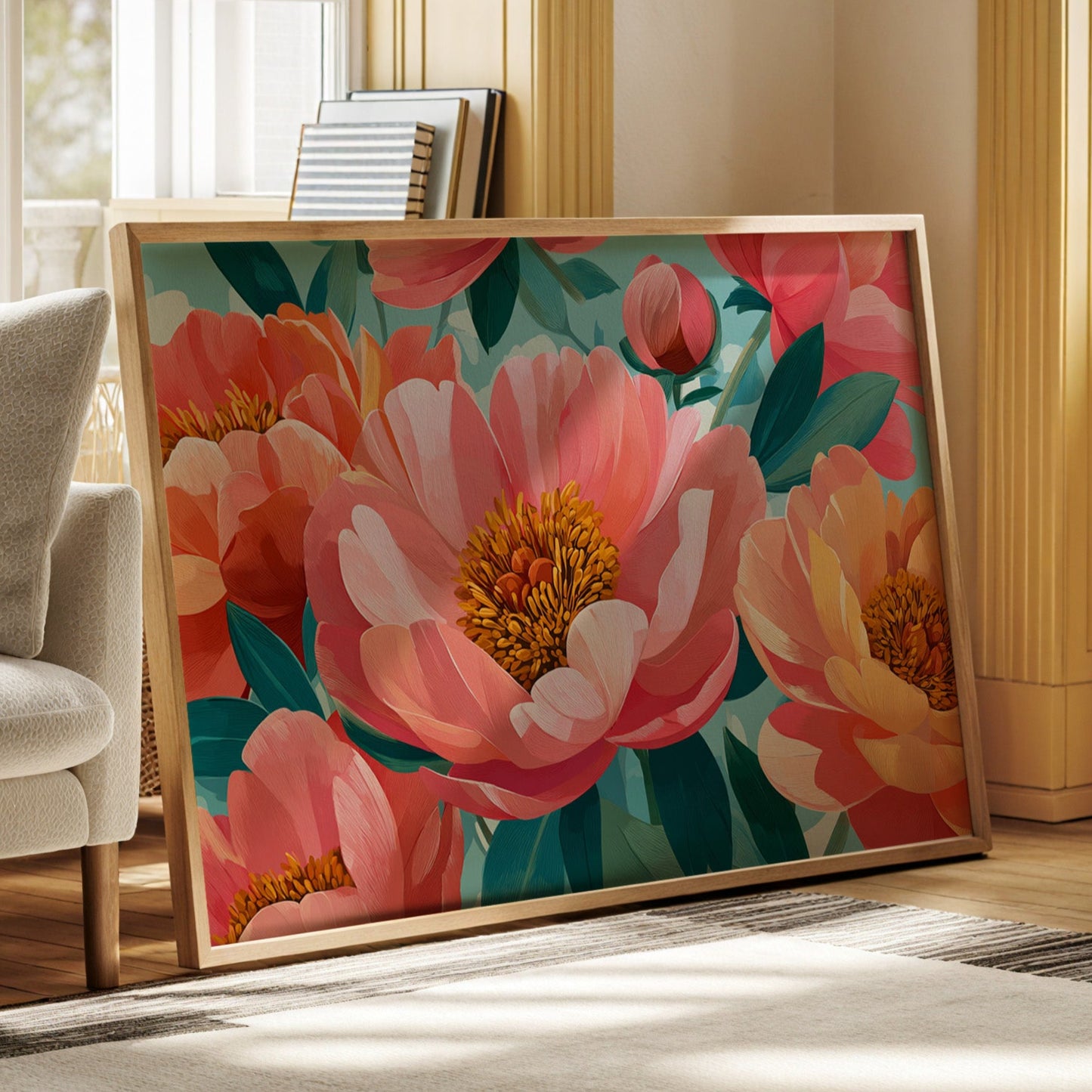 Coral Peonies Dance In Turquoise