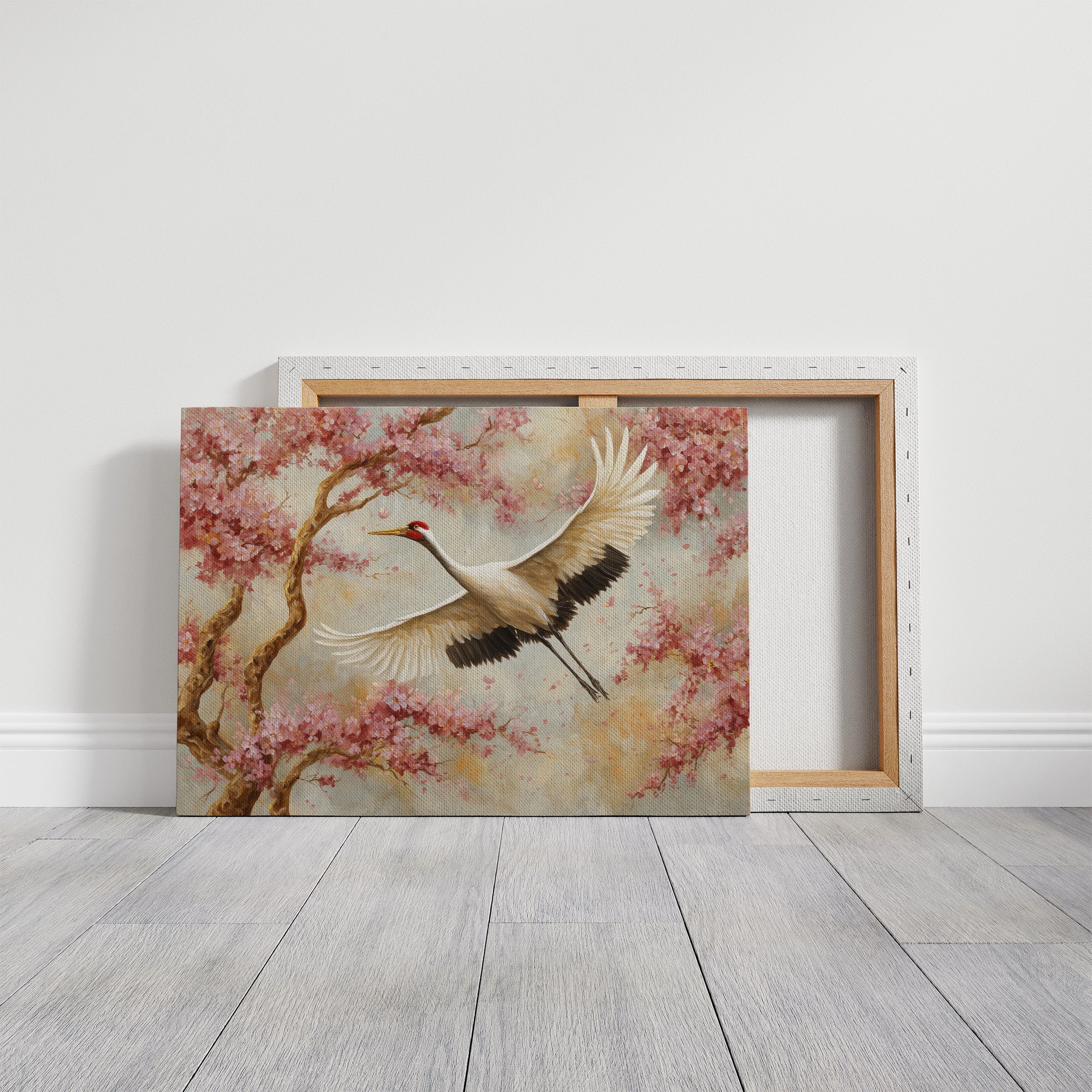 Cherry Blossoms Dance With Crane's Grace