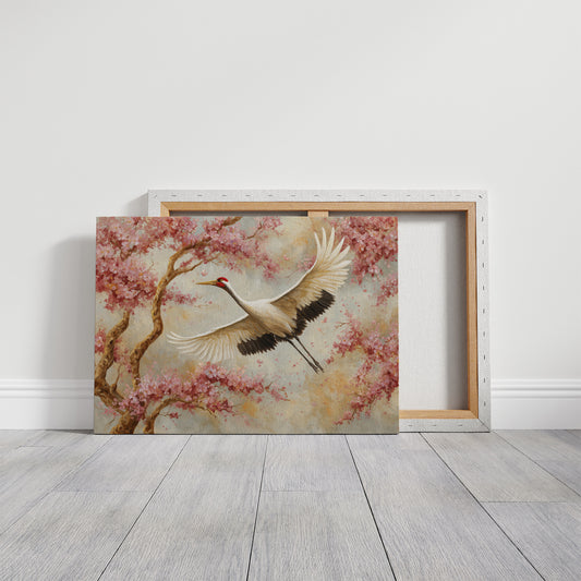 Cherry Blossoms Dance With Crane's Grace