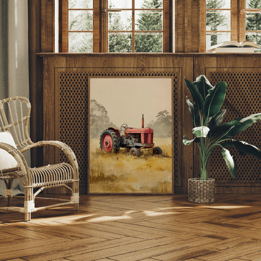 Red Tractor Rests In Golden Fields