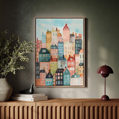 Colorful City Rowhouses Watercolor Print