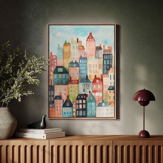 Colorful City Rowhouses Watercolor Print