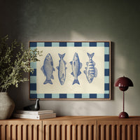 Vintage Fish Quartet on Checkerboard Blue