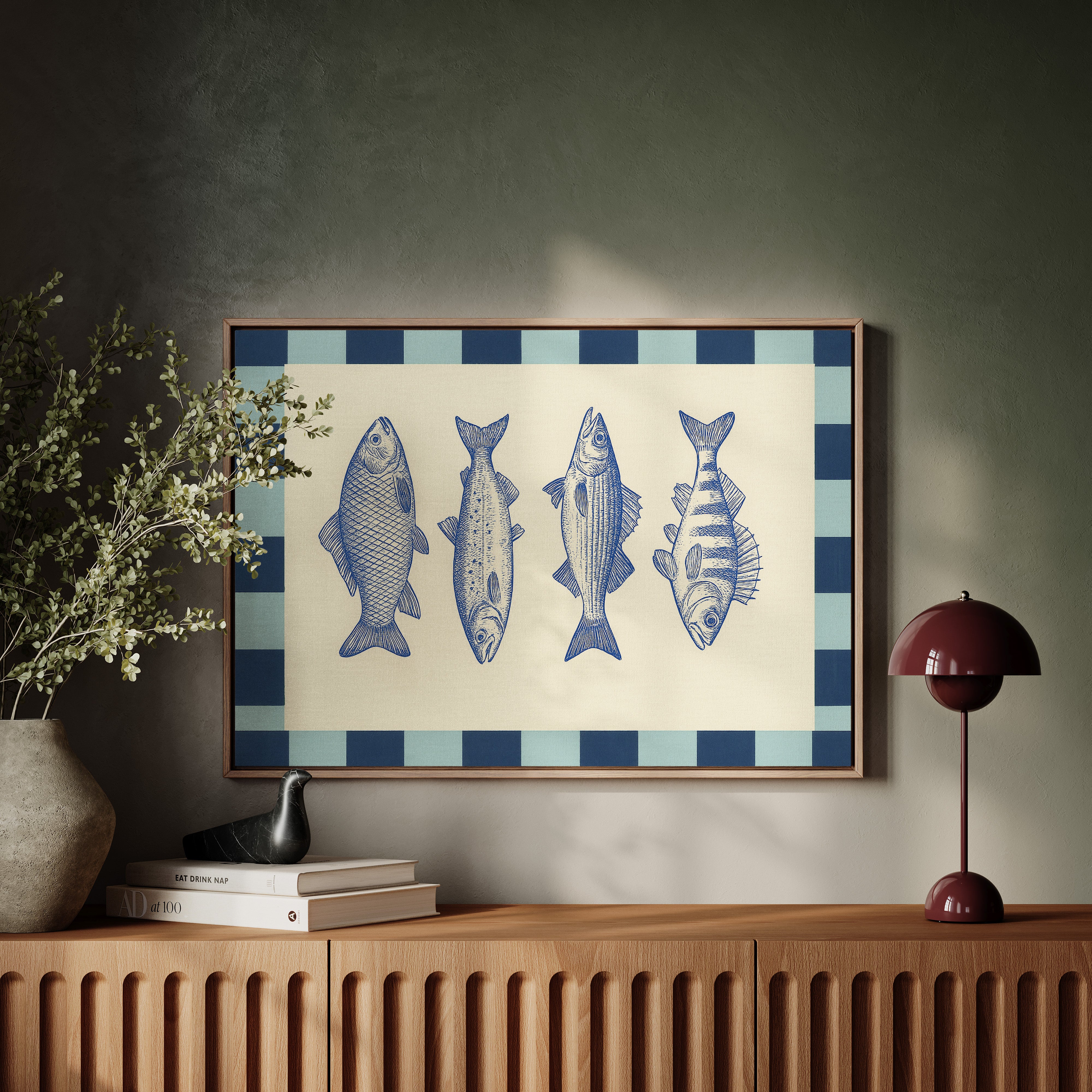 Vintage Fish Quartet on Checkerboard Blue