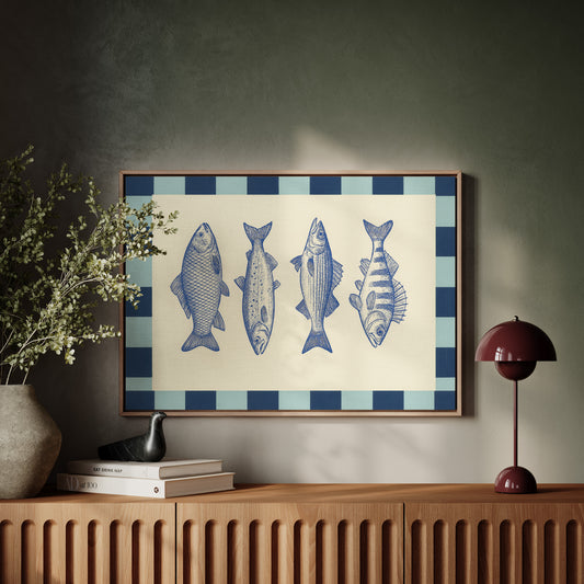 Vintage Fish Quartet on Checkerboard Blue