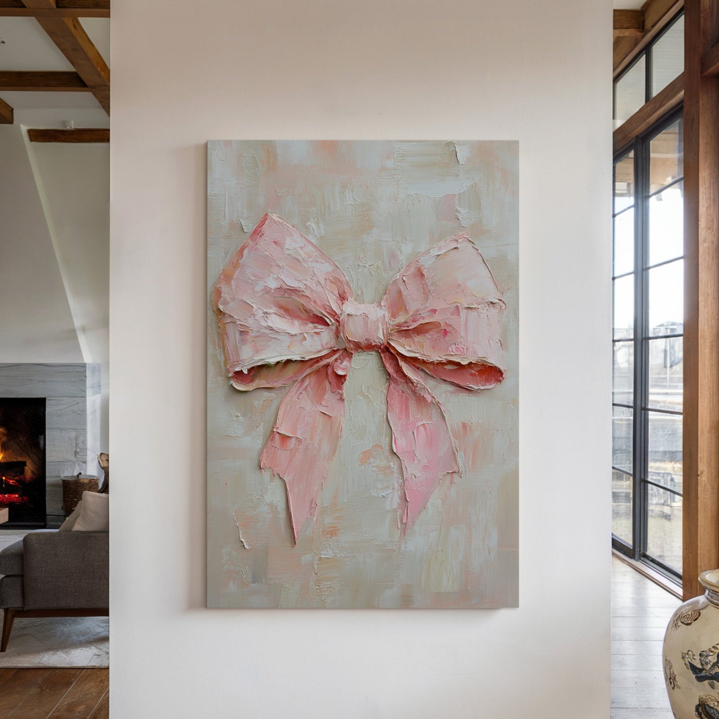 Soft Pink Bow – Romantic Textured Palette Knife Wall Art