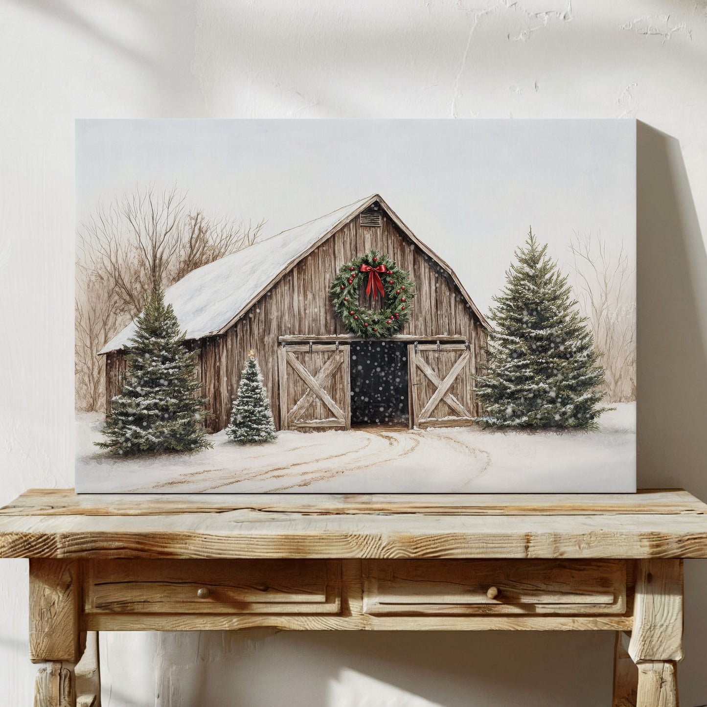 Rustic Christmas Barn – Cozy Winter Farmhouse Wall Art Print