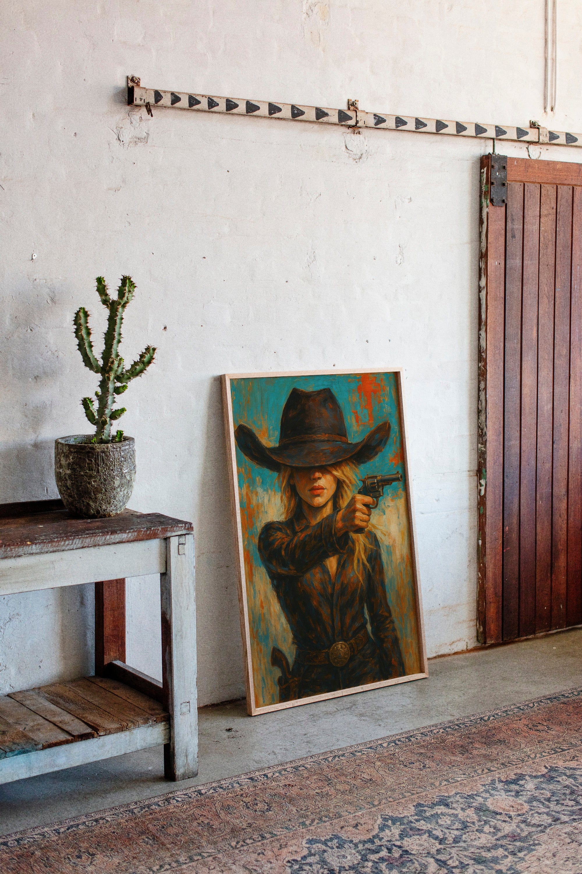 Western Grit: Cowgirl With Revolver Canvas Art