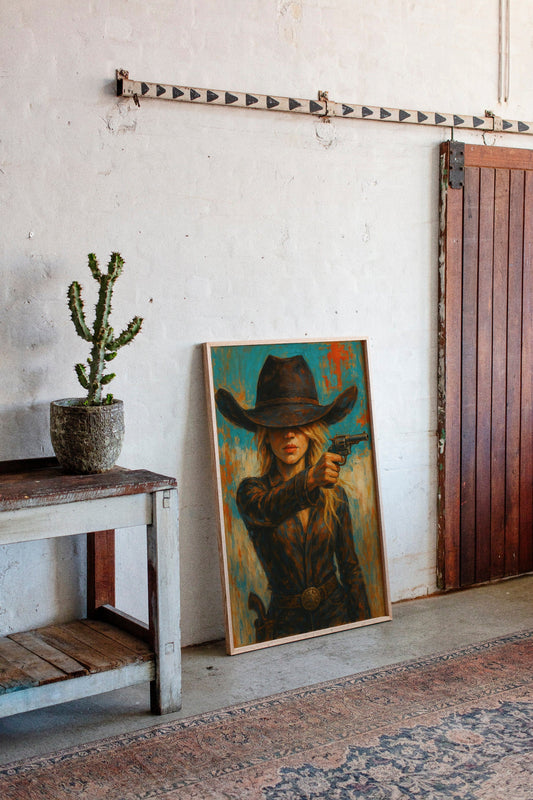 Western Grit: Cowgirl With Revolver Canvas Art
