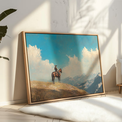 Lone Cowboy on Horseback – Western Mountain Landscape Wall Art Print