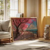 Cherry Blossoms Dance Above Ocean Paths