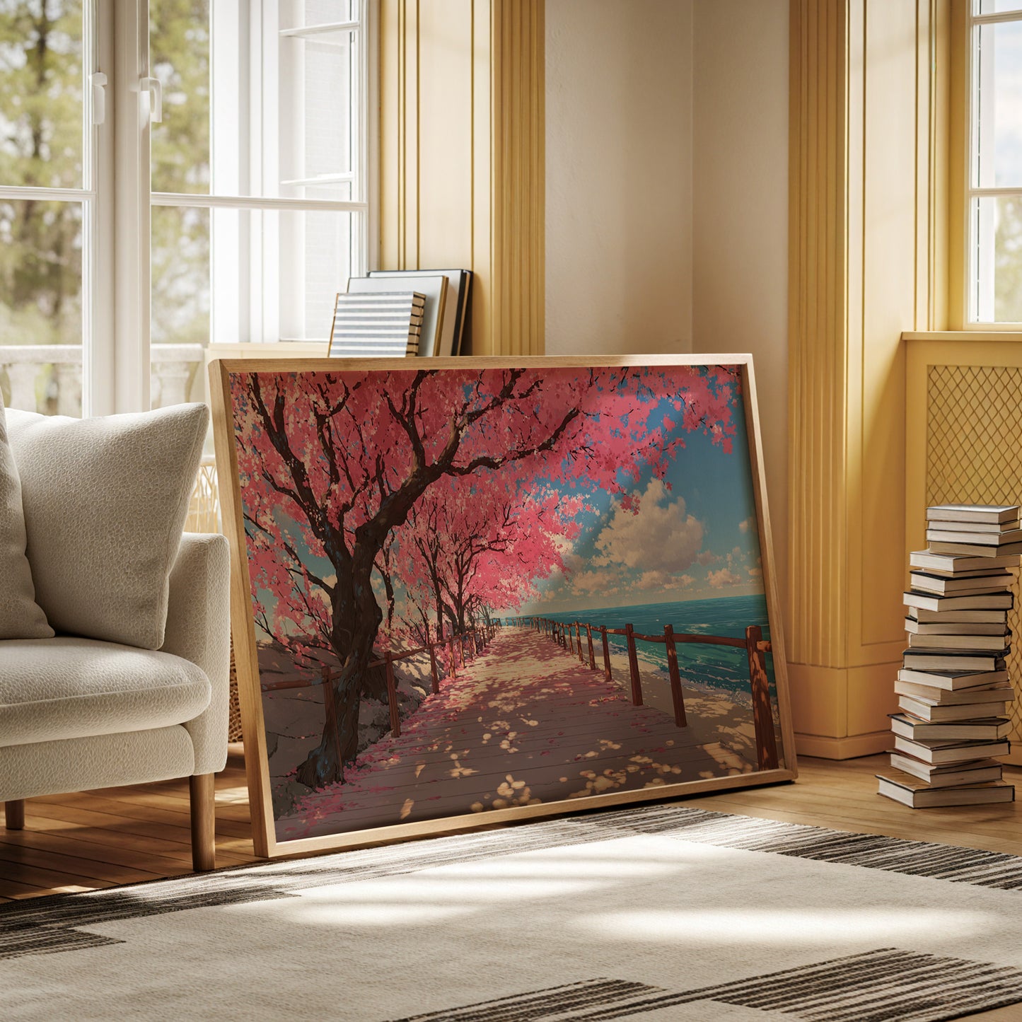 Cherry Blossoms Dance Above Ocean Paths
