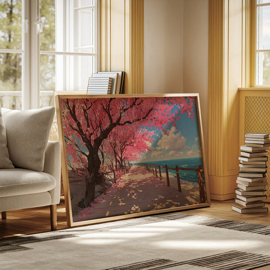Cherry Blossoms Dance Above Ocean Paths