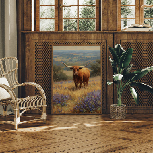Longhorn Grazes Among Bluebonnet Dreams