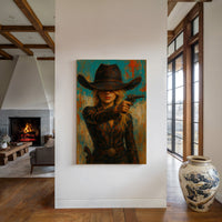 Western Grit: Cowgirl With Revolver Canvas Art