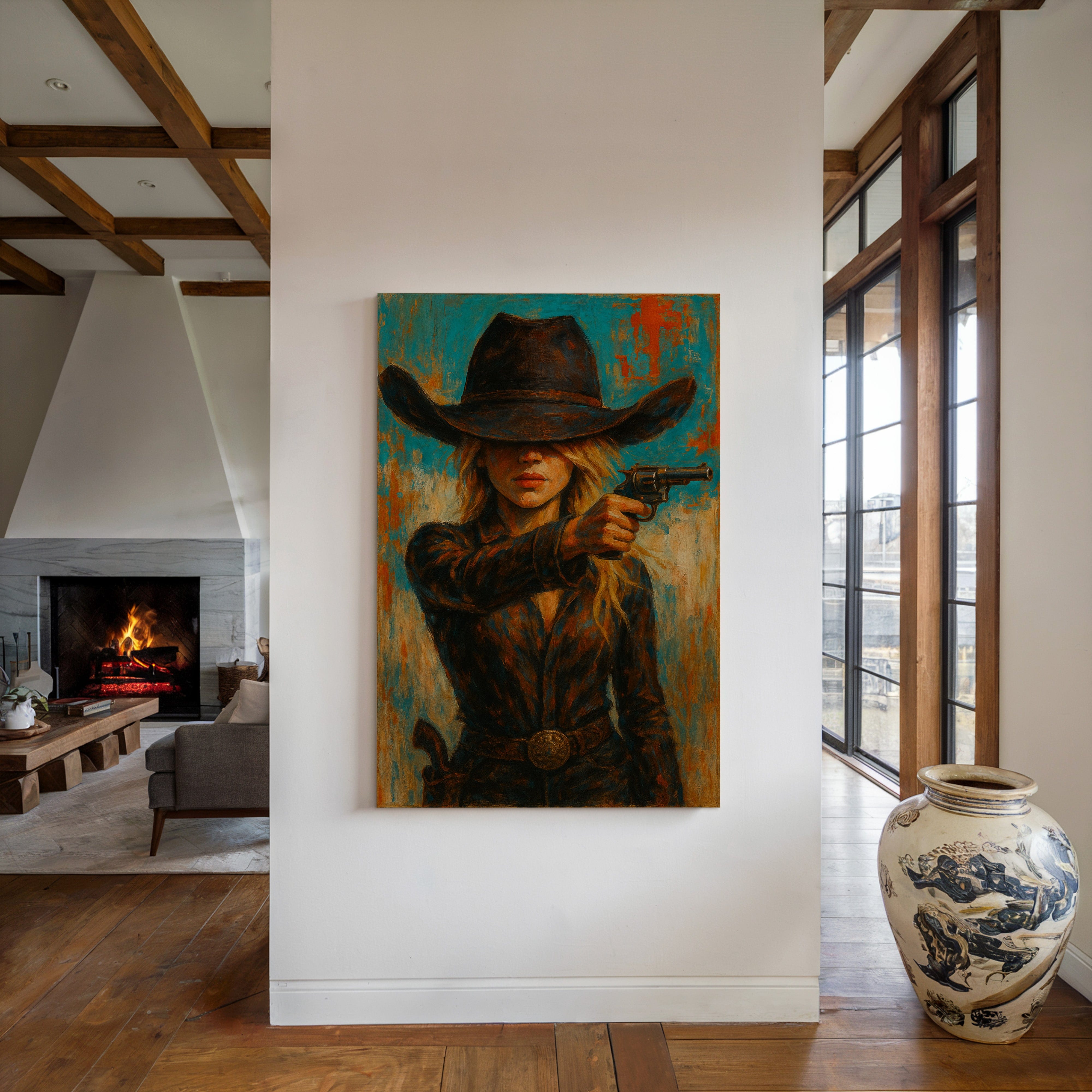 Western Grit: Cowgirl With Revolver Canvas Art