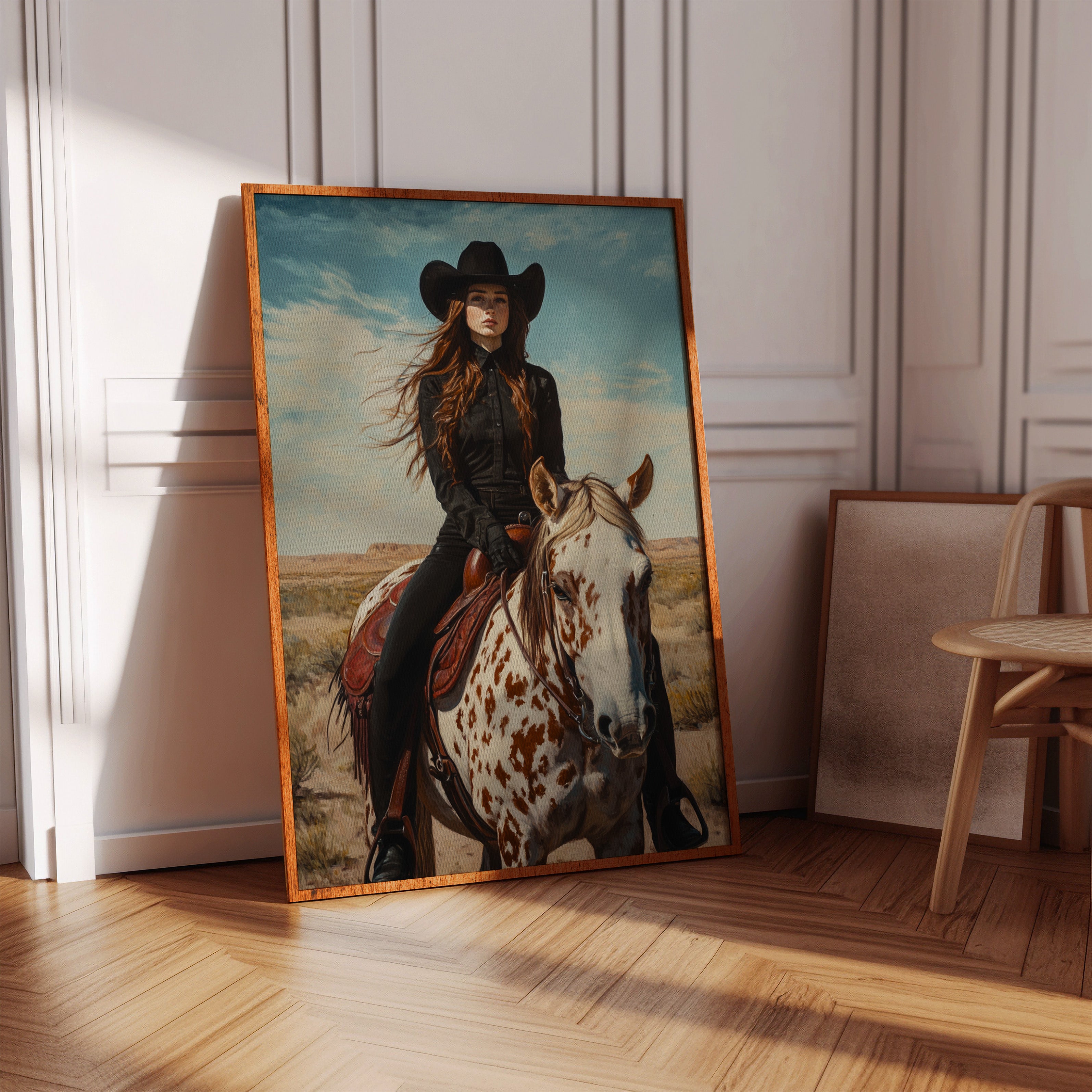 Desert Reins – Cowgirl on Paint Horse Portrait
