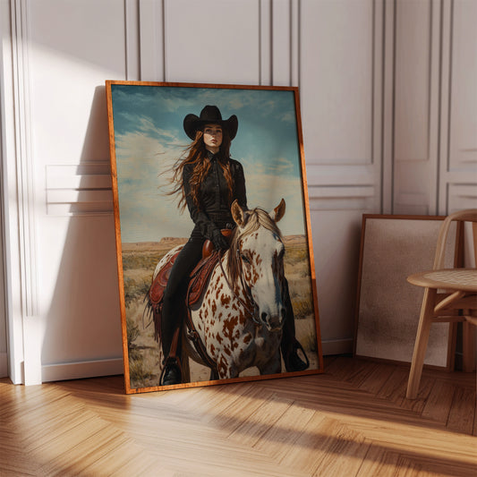Desert Reins – Cowgirl on Paint Horse Portrait