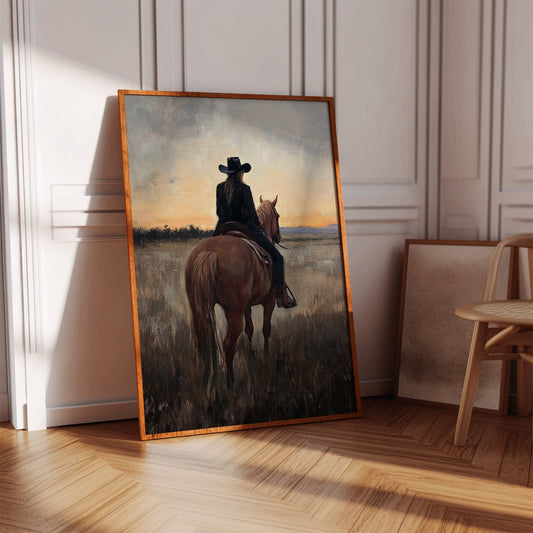 Back to the Prairie – Cowgirl on Horse at Dusk