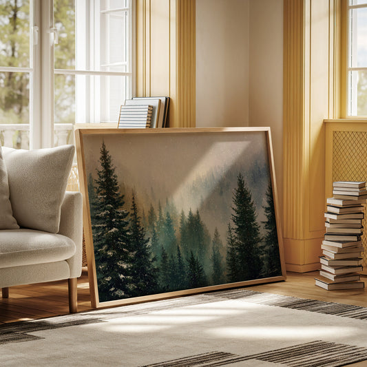Snow Dances Through Evergreen Light