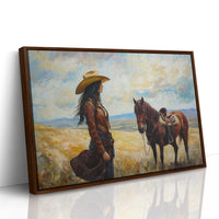Cowgirl and Her Mustang on the Open Range