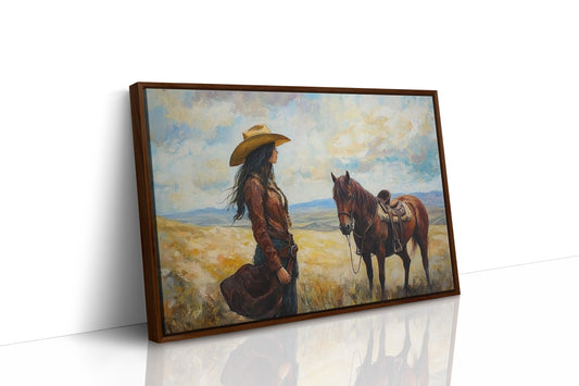 Cowgirl and Her Mustang on the Open Range