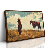 Cowgirl and Horse Under Big Sky