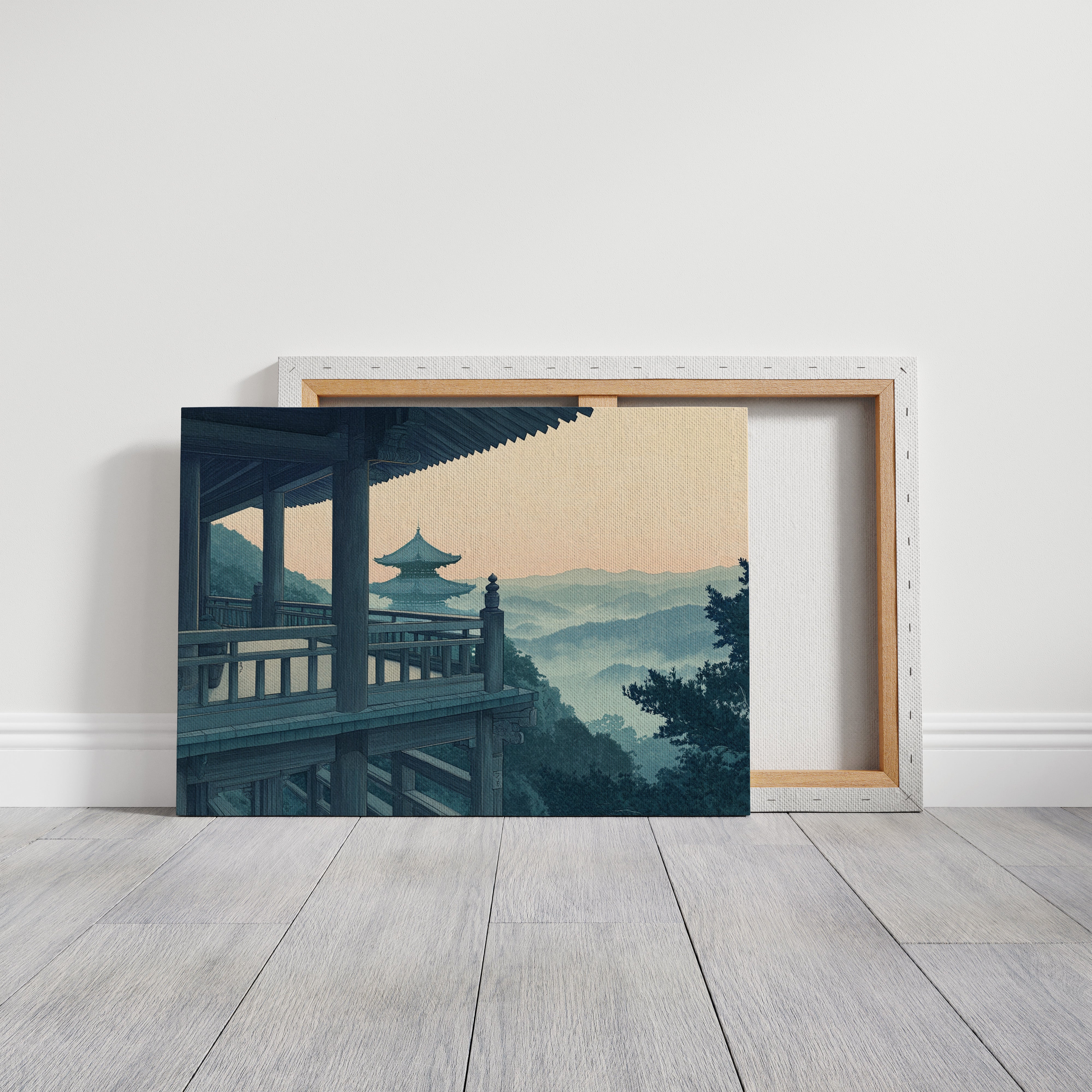 Japanese Temple Balcony – Serene Misty Mountain View Wall Art