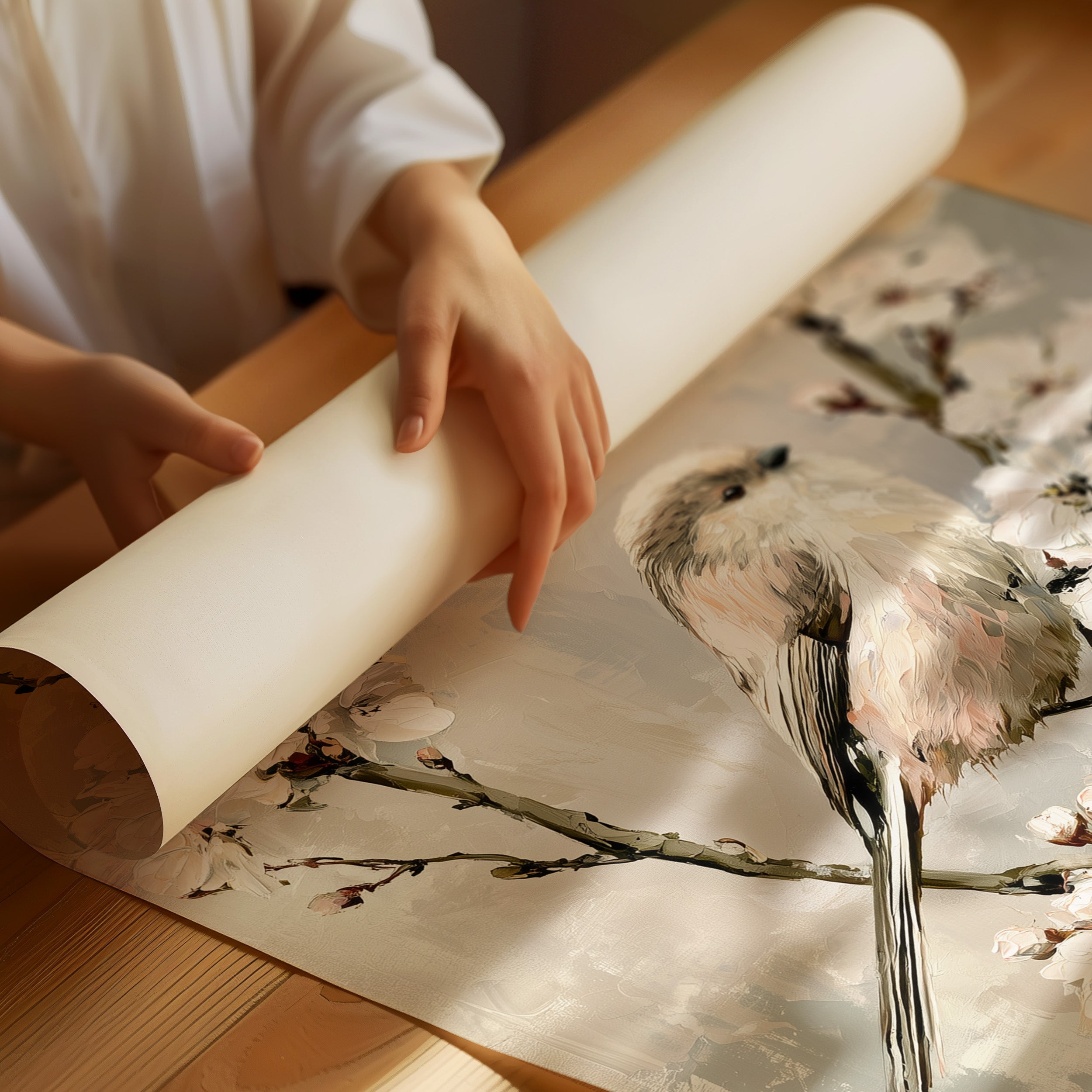 Long-Tailed Tit in Cherry Blossoms — Grey Taupe Oil Painting
