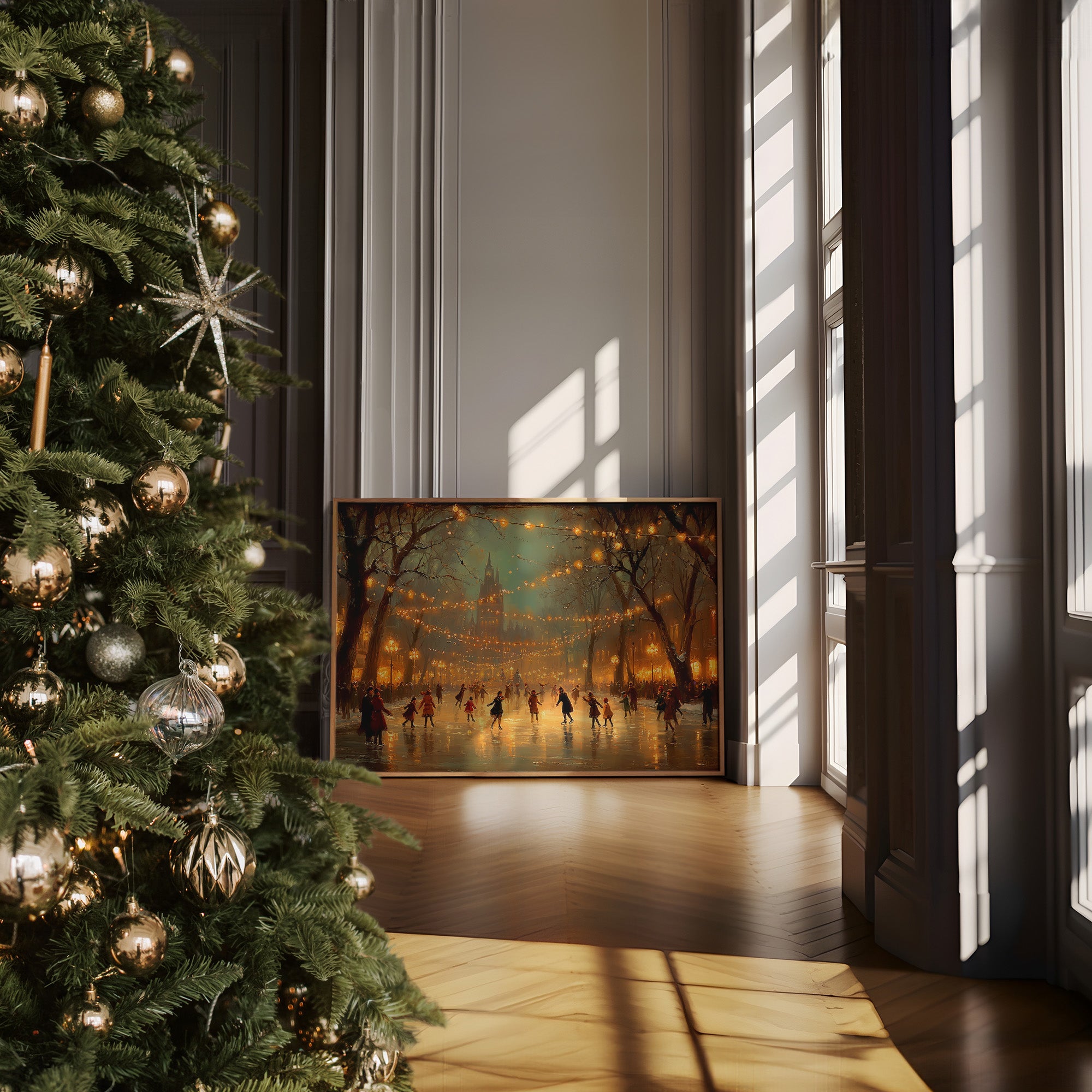 Winter Skaters Dance Under Golden Lights