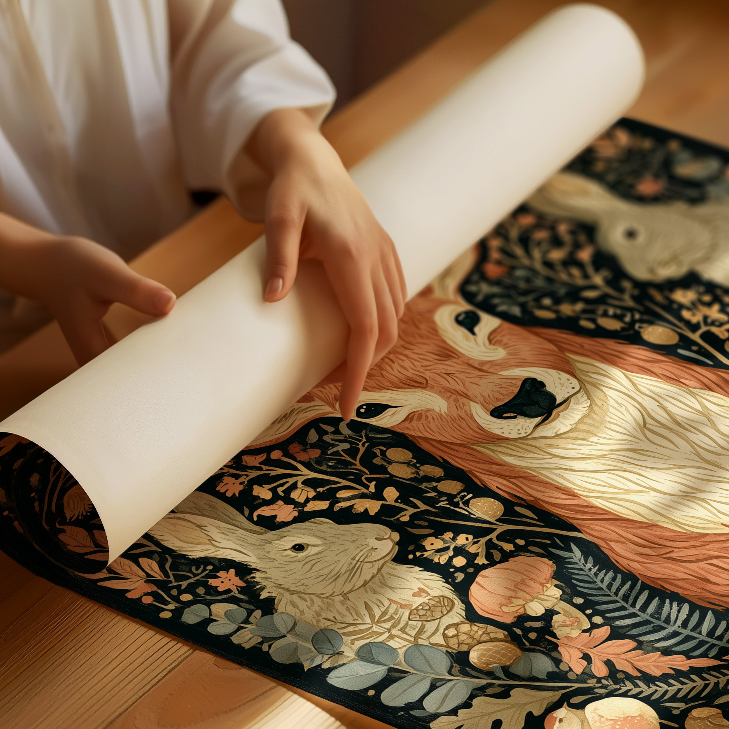 Woodland Tapestry — Dark Folk Art Deer and Forest Creatures