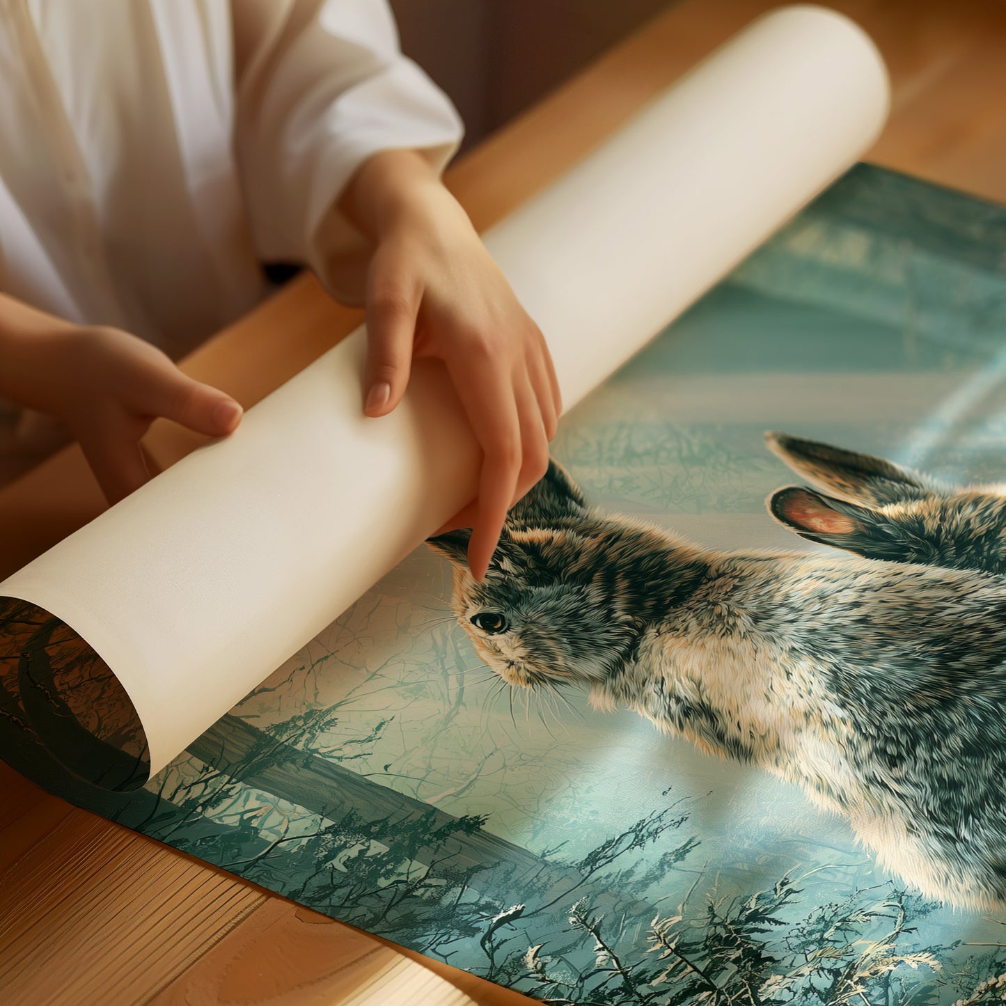 Two Rabbits in Morning Light — Forest Clearing Painting