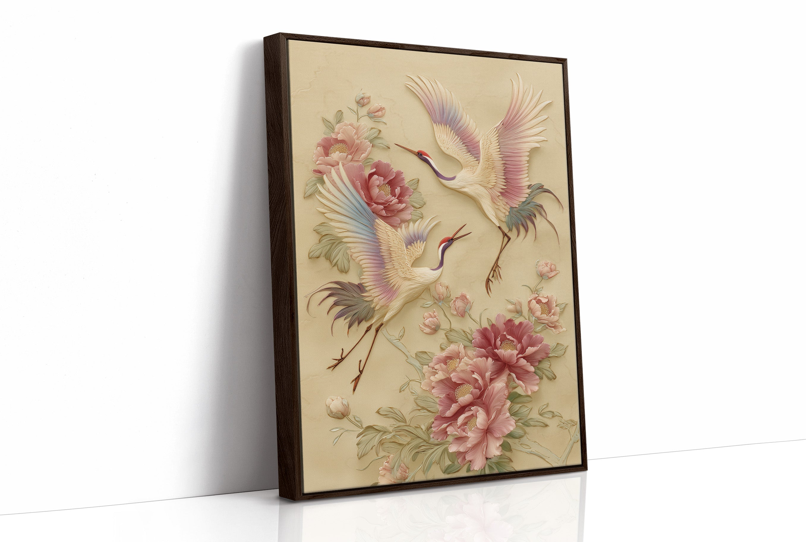 Graceful Cranes Among Peony Blooms