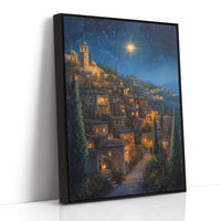 Starry Night Village Canvas Print - Enchanting Landscape Art - Black Framed Canvas image 1