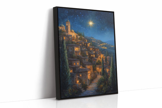 Starry Night Village Canvas Print - Enchanting Landscape Art - Black Framed Canvas image 1