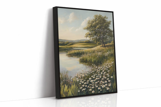 Tranquil Meadow Landscape Painting - Serene Nature Art - Black Framed Canvas image 1