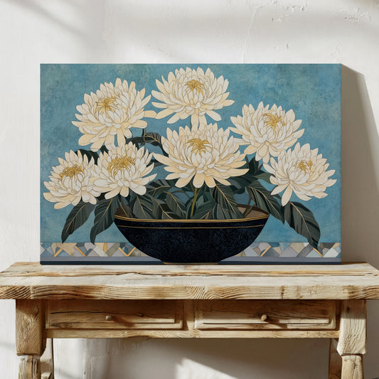 White Chrysanthemums Meet Midnight Bowl