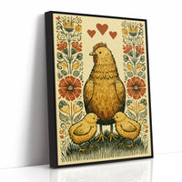 Mother Hen and Chicks — Poppy Border Folk Art Print