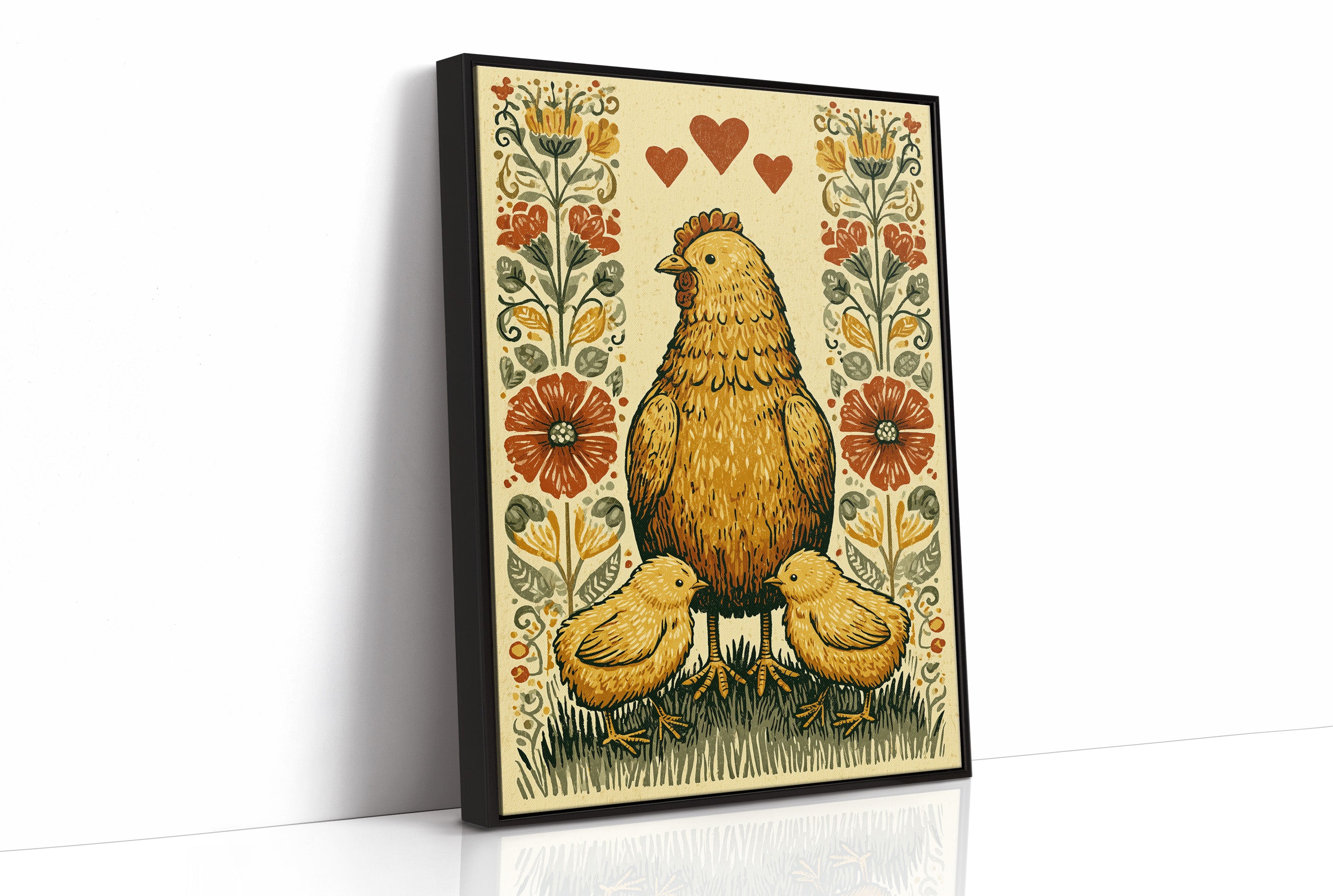 Mother Hen and Chicks — Poppy Border Folk Art Print