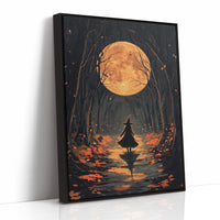 Witch Under Full Moon Art Print - Enchanting Autumn Scene - Black Framed Canvas image 1