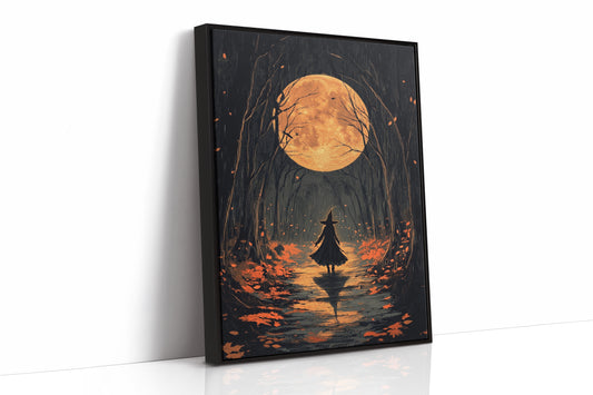 Witch Under Full Moon Art Print - Enchanting Autumn Scene - Black Framed Canvas image 1