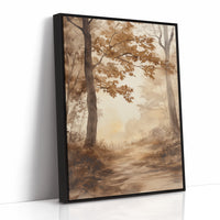 Serene Autumn Forest Pathway - Watercolor Landscape Art - Black Framed Canvas image 1