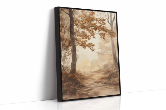 Serene Autumn Forest Pathway - Watercolor Landscape Art - Black Framed Canvas image 1
