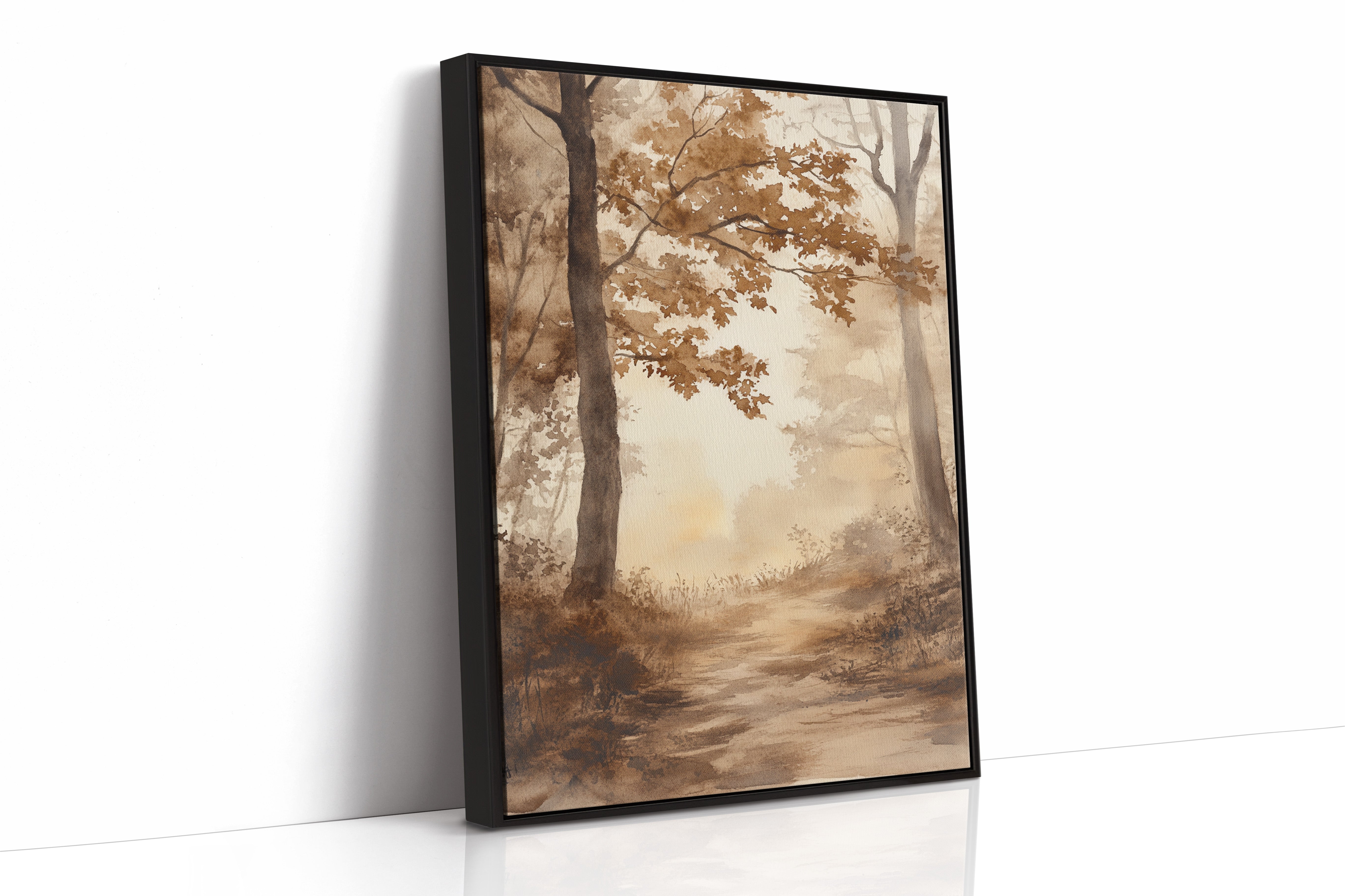 Serene Autumn Forest Pathway - Watercolor Landscape Art - Black Framed Canvas image 1