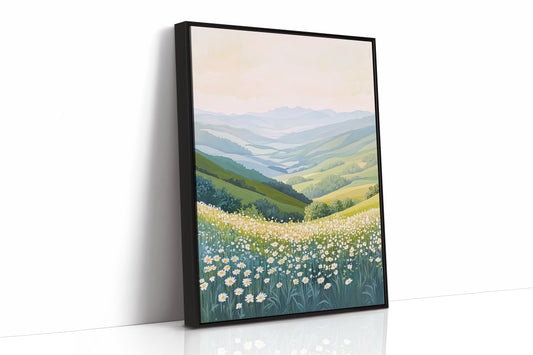Tranquil Meadow Landscape Art Print - Pastel Scenic Decor - Black Framed Canvas image 1