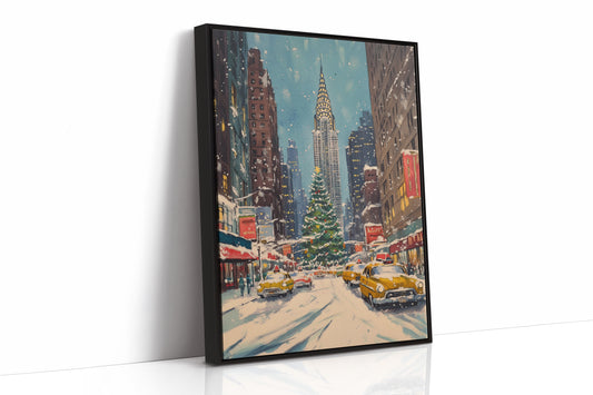 New York Winter Cityscape Canvas - Festive Urban Art - Black Framed Canvas image 1