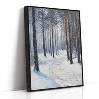 Winter Forest Pathway Canvas - Serene Nature Art - Black Framed Canvas image 1