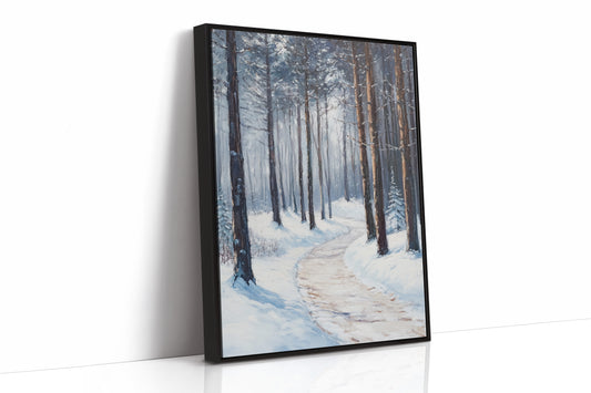 Winter Forest Pathway Canvas - Serene Nature Art - Black Framed Canvas image 1